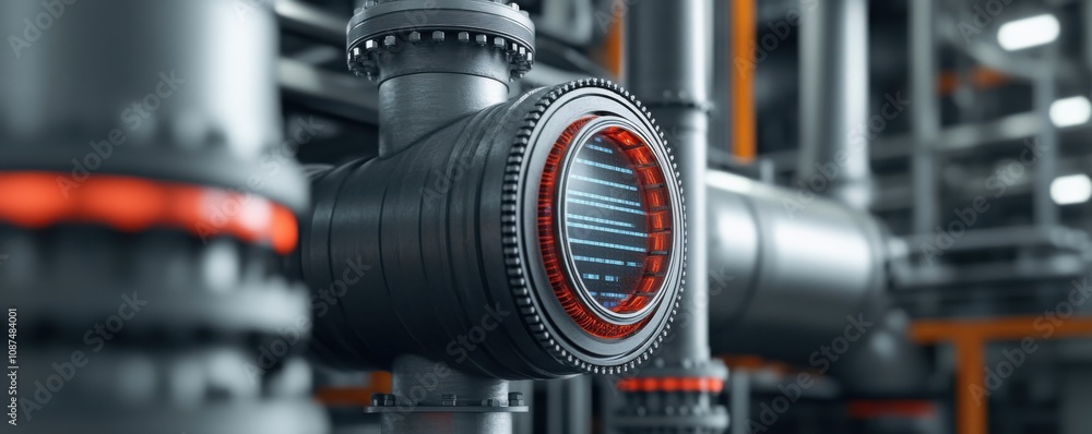 Poster a close-up of industrial piping with a digital pressure gauge, showcasing a modern and efficient des