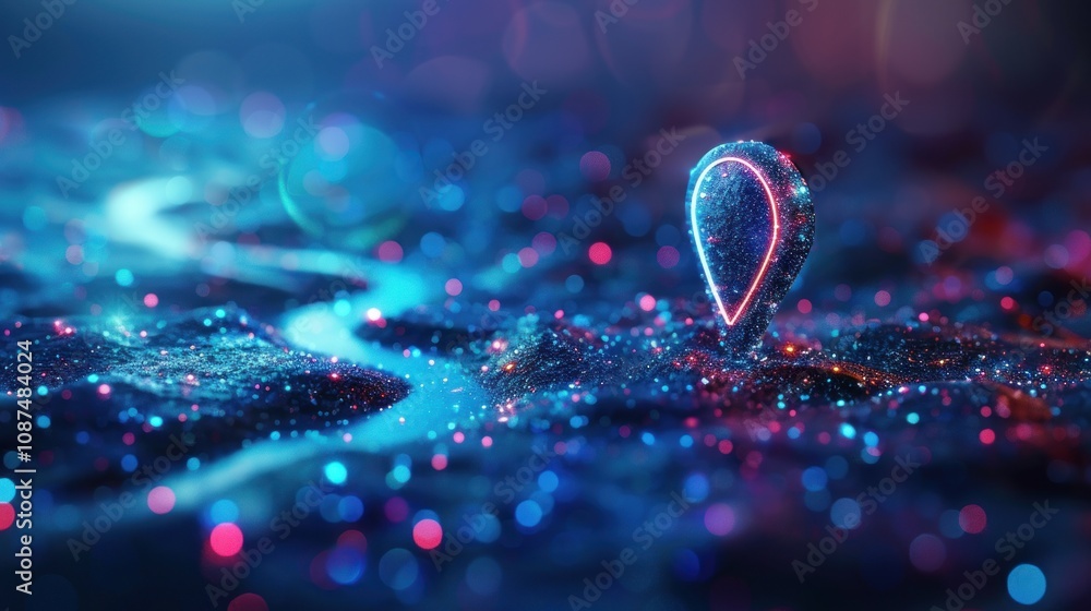 Aufkleber a glowing neon location pin stands out against a background of sparkling particles, symbolizing a de
