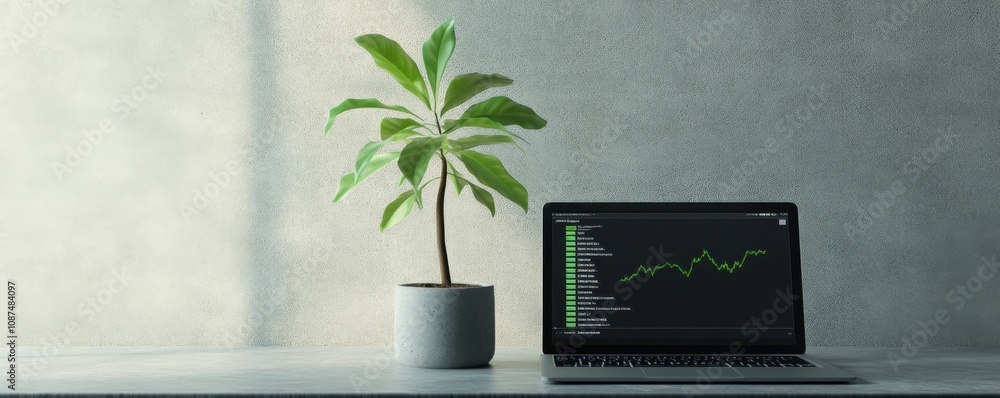 Aufkleber a laptop displaying financial data sits next to a potted plant, creating a serene workspace atmosphe