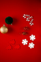 Christmas red background. Various New Year's toys. holiday