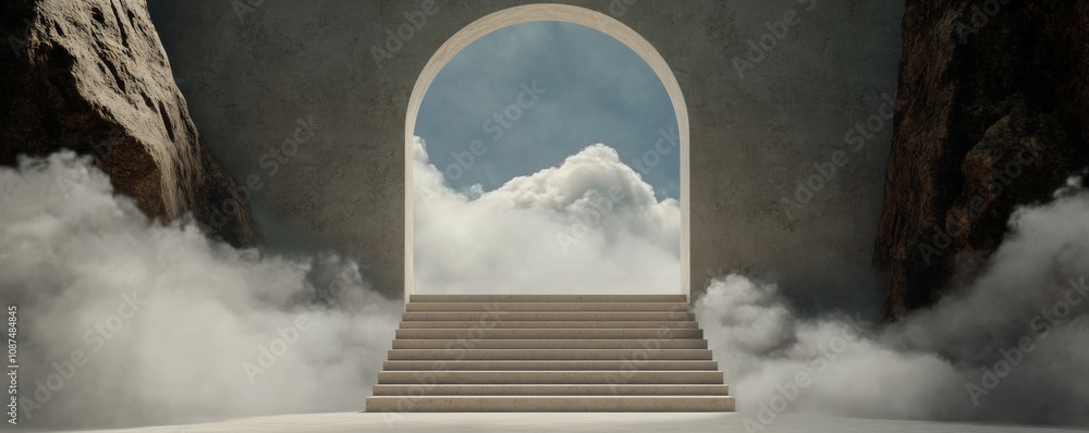 Poster a serene archway leading to a cloudy sky, surrounded by mist, creating a mystical and inviting atmos