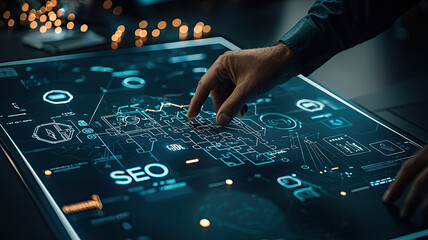 Naklejka premium hand interacting with digital SEO interface on touchscreen display