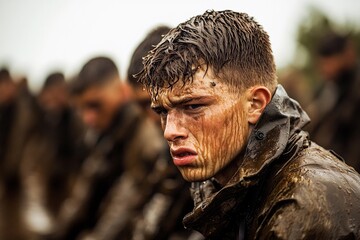 Young soldier experiences challenges during intensive training in muddy conditions. Generative AI