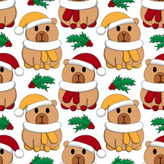 Seamless pattern with Cute Christmas Capybara Santa