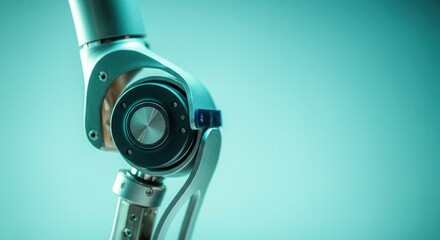 Futuristic robotic arm on teal background technology concept
