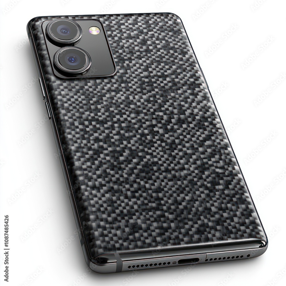 Poster a close-up of a smartphone featuring a textured black back and dual camera setup.