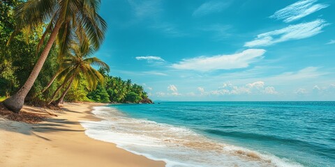 Tropical beach scene featuring palm trees and a stunning turquoise sea, ideal for showcasing the beauty of a tropical beach with palm trees and serene turquoise water.