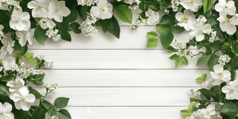 Elegant white flowers and green leaves adorn a wooden background, creating a serene contrast against white walls, showcasing nature s beauty in a spacious white setting with floral accents.