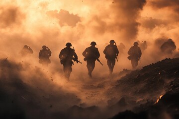 Fototapeta premium Soldiers advancing through smoke and chaos at dawn in a war-torn landscape. Generative AI