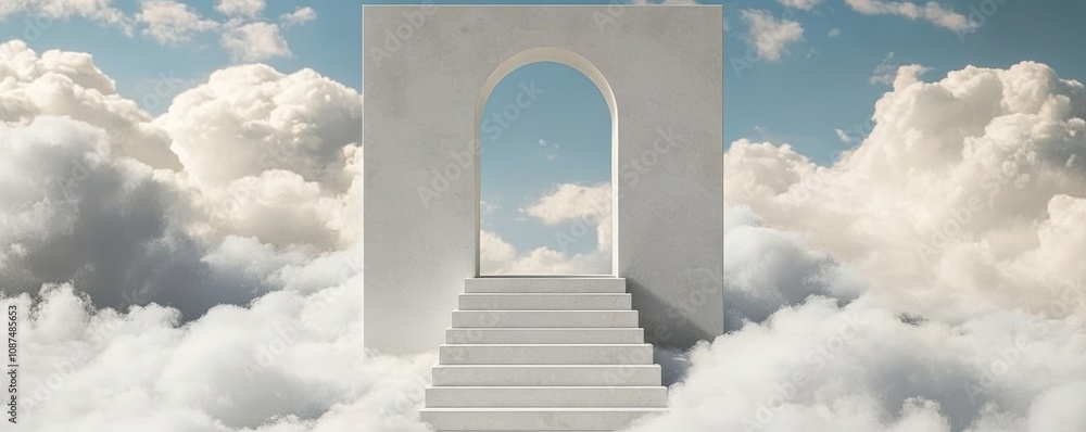 Poster a serene gateway ascends through fluffy clouds, creating an ethereal atmosphere of tranquility and w
