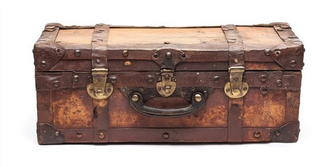 Antique trunk covered in iron, showcased in isolation against a white background, highlighting the charm and character of the antique trunk design. Perfect for vintage and history enthusiasts.