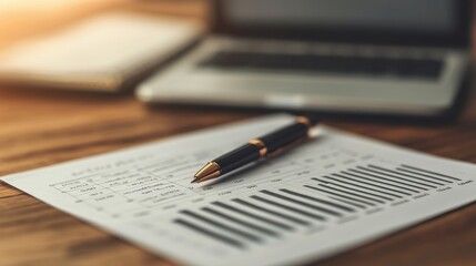Obraz premium Business analysis concept with financial data on paper, a pen resting on a report, and a laptop in the background creating an office workspace environment