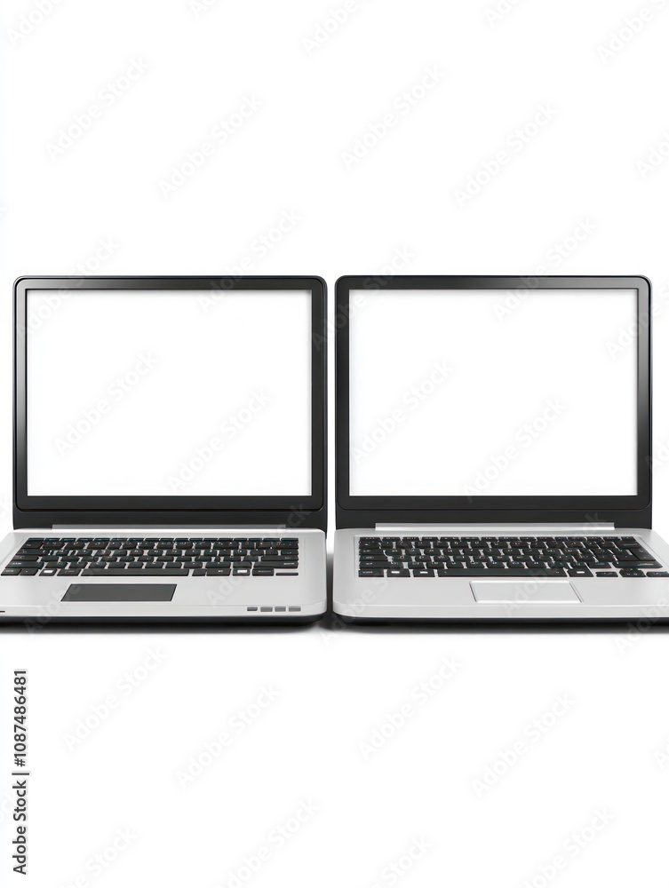 Poster two identical laptops side by side with blank screens, ready for use.