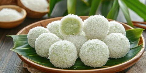 Klepon, also known as onde onde, is a delightful snack consisting of sweet rice cake balls filled with molten palm sugar and coated in grated coconut. Enjoy the sweet taste of klepon 