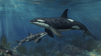 Fototapeta premium A dolphin with its baby swmming under the sea water.