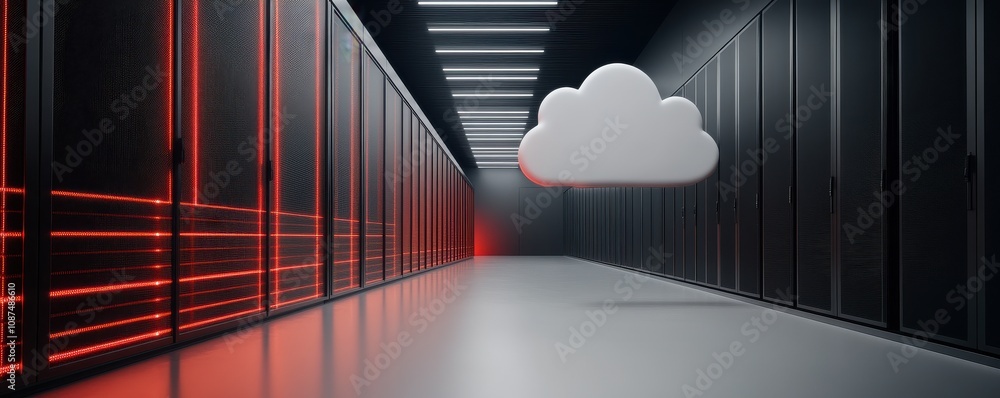 Poster a modern data center featuring servers with red lighting and a 3d cloud symbol, illustrating cloud c