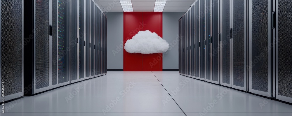 Poster a modern data center corridor featuring server racks on either side and a stylized cloud installatio