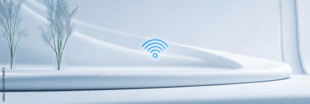 Aufkleber a blue wi-fi icon appears in a tranquil white environment, blending with gentle curves and sparse tr