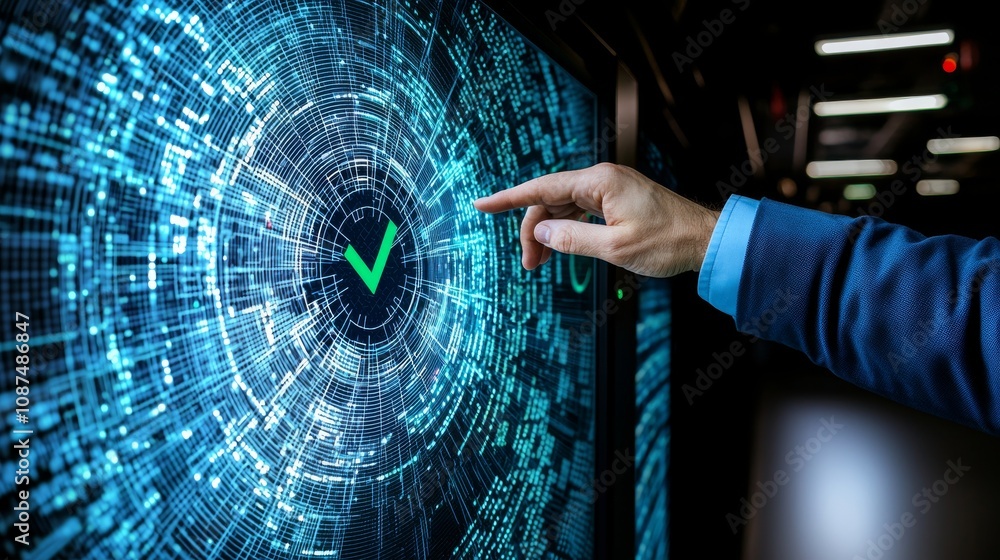 Poster digital technology event showcasing data security check corporate office video display futuristic en