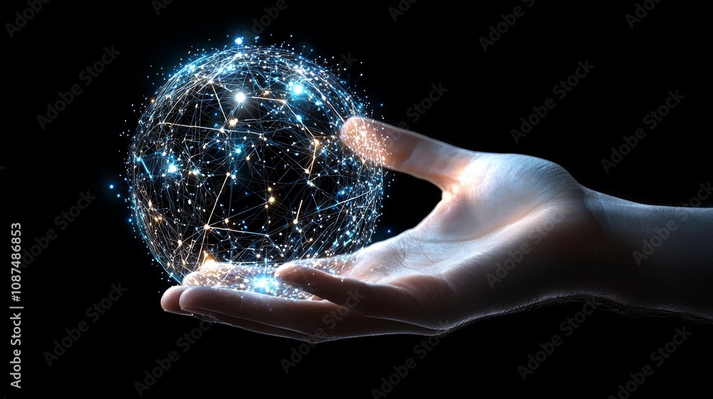 Poster exploring the future of connectivity a hand holding a digital globe virtual environment technology c