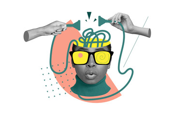 Creative 3d collage of funny human wear goggles visual effect hypnosis zombie brains absurd confused rosette isolated on orange background