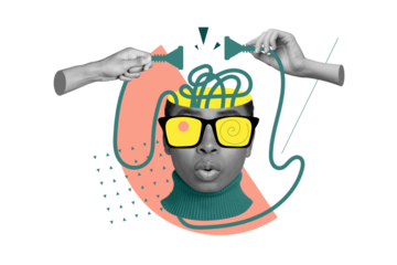 Creative 3d collage of funny human wear goggles visual effect hypnosis zombie brains absurd confused rosette isolated on orange background