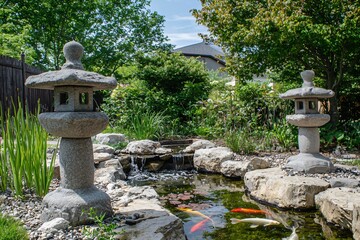 Obraz premium Serene Japanese Garden with Lanterns and Koi Pond