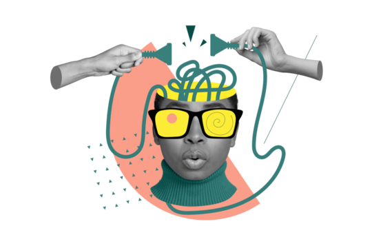 Creative 3d collage of funny human wear goggles visual effect hypnosis zombie brains absurd confused rosette isolated on orange background