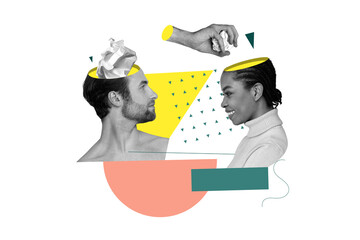Vertical collage of young man with colleague girl head absurds crumpled paper trash rubbish bin...