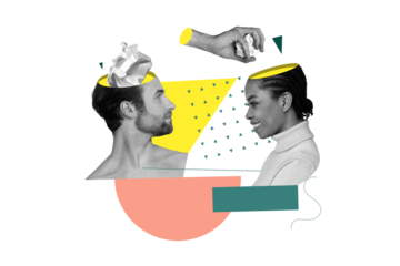 Vertical collage of young man with colleague girl head absurds crumpled paper trash rubbish bin stupid ideas isolated on orange background