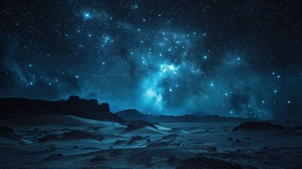 A breathtaking view of a starry night sky over a vast desert landscape, with the Milky Way galaxy shining brightly above.