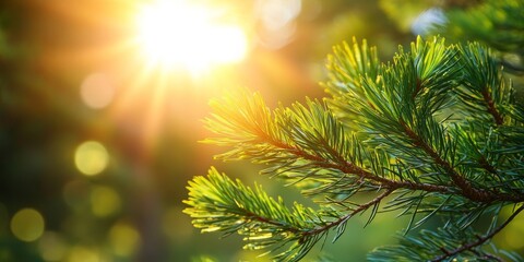 Obraz premium Pine branch bathed in bright sunlight, showcasing the beauty of nature during the morning time of day. The vibrant light highlights the lush greenery of the pine branch.