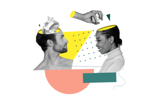 Vertical collage of young man with colleague girl head absurds crumpled paper trash rubbish bin stupid ideas isolated on orange background