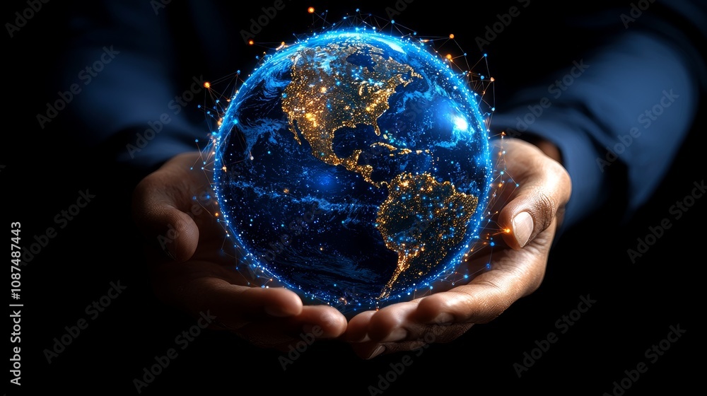 Poster global network connection earth in hands digital visualization nighttime environment innovative pers