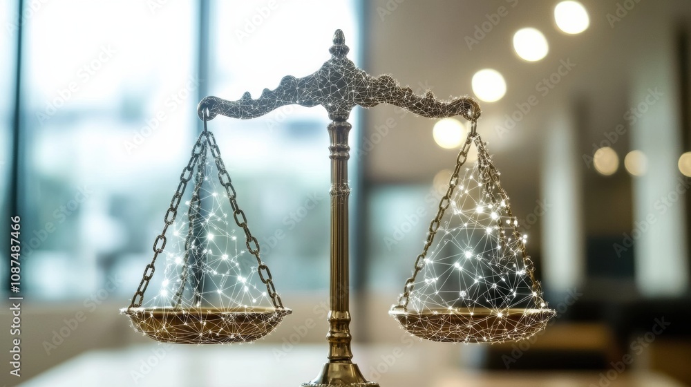 Poster a scale representing justice stands prominently, surrounded by a contemporary setting that highlight