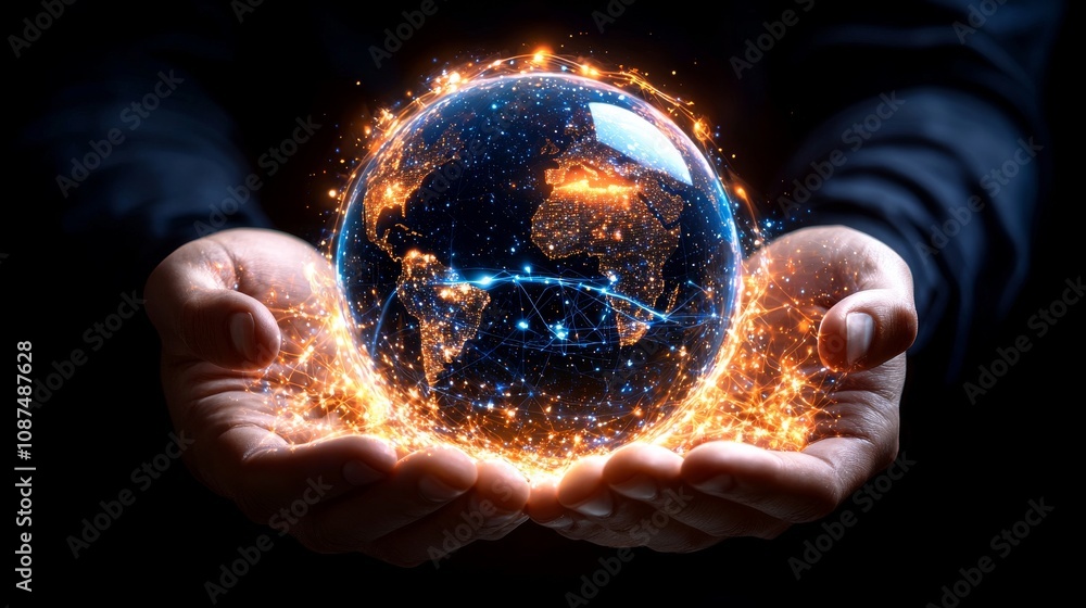 Poster digital connectivity and global network in hands futuristic theme 3d visualization dark background a
