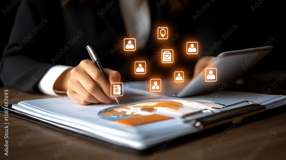 Poster businesswoman analyzing data on table office digital interaction professional environment close-up v