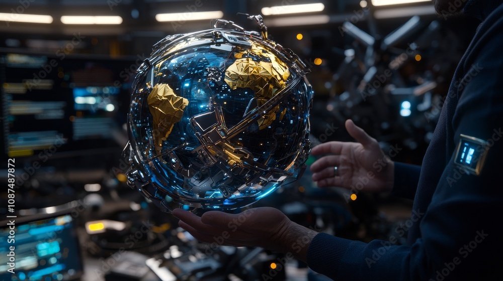 Poster innovative global technology showcase futuristic lab digital sphere high-tech environment close-up v