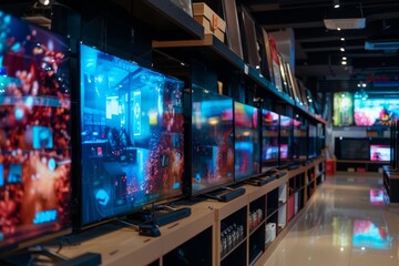 Modern flatscreen TVs for sale in electronic store