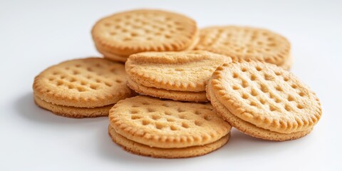 Delicious round cookies displayed against a clean white background. These beautiful round cookies are perfect for showcasing their appealing design on a white background.