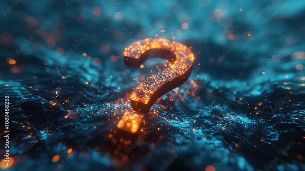 Aufkleber a glowing question mark on a dark blue background with bokeh effect.