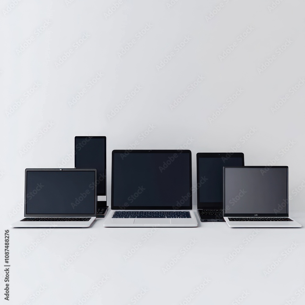 Poster a collection of various laptops and a smartphone arranged on a minimalist background.