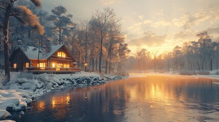 Fototapeta premium Happy Family Enjoying a Scenic Winter Vacation in a Cozy Cabin by a Snowy Lake at Sunset