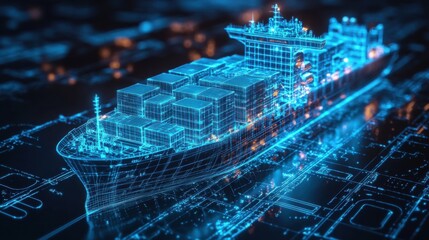 Futuristic Wireframe Cargo Ship