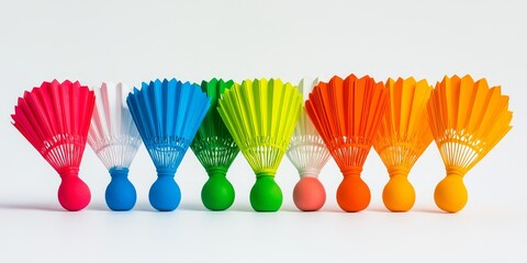 Colorful shuttlecocks displayed in isolation on a white background, showcasing an array of bright shuttlecocks perfect for sports and recreational activities involving shuttlecocks.