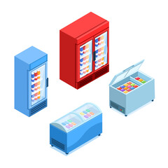 Groceries Store Fridge Isometric Collection Set Illustration Vector