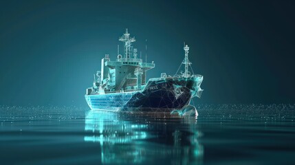 A digital rendering of a cargo ship on a dark blue background, with a blue and white digital wireframe effect.