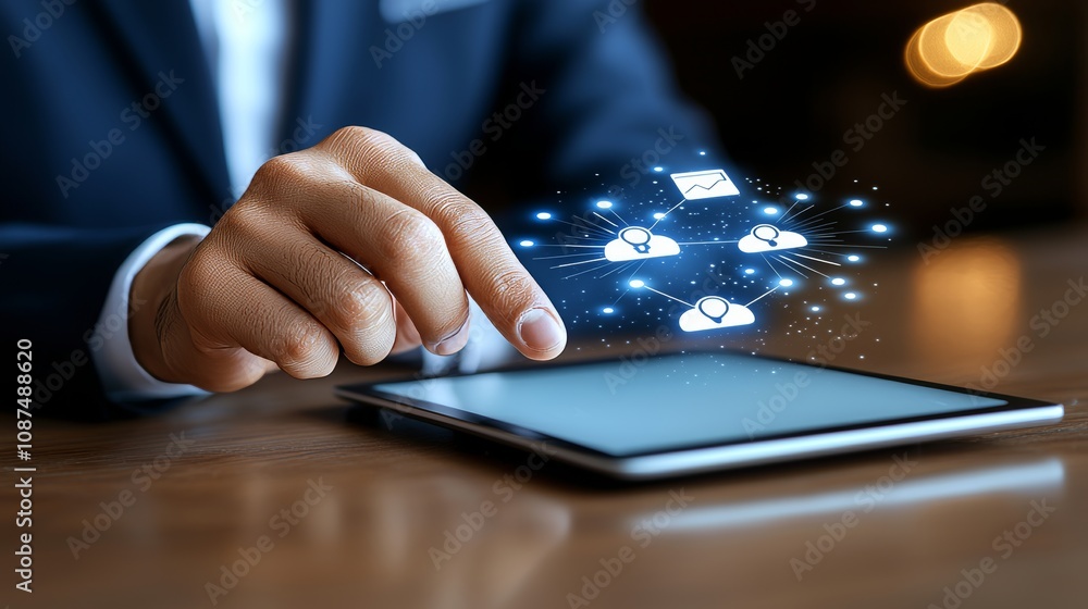 Aufkleber digital networking action with tablet modern office technology content professional environment clos