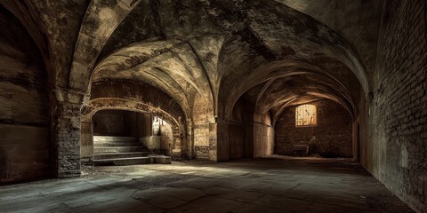 Desolate and dark, this abandoned old underground cellar features vaulted architecture, showcasing its empty and eerie atmosphere, perfect for capturing the essence of an abandoned cellar.