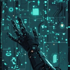 Futuristic Circuit Board with Code  hand robotic and Fractal Pattern, Arm Robot